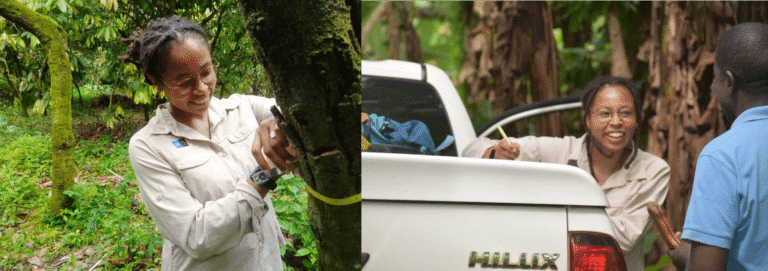 Zoe undertaking field work, assessing cocoa and interviewing farmers