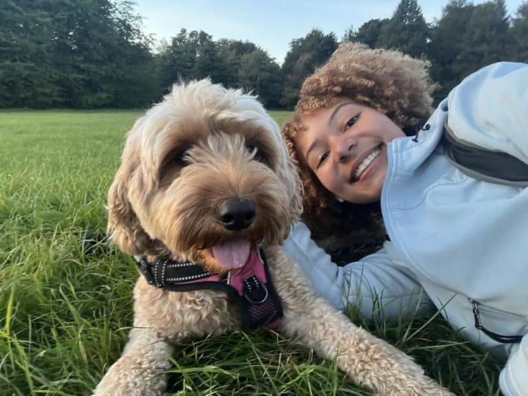 Sam and her miniature goldendoodle, Nala